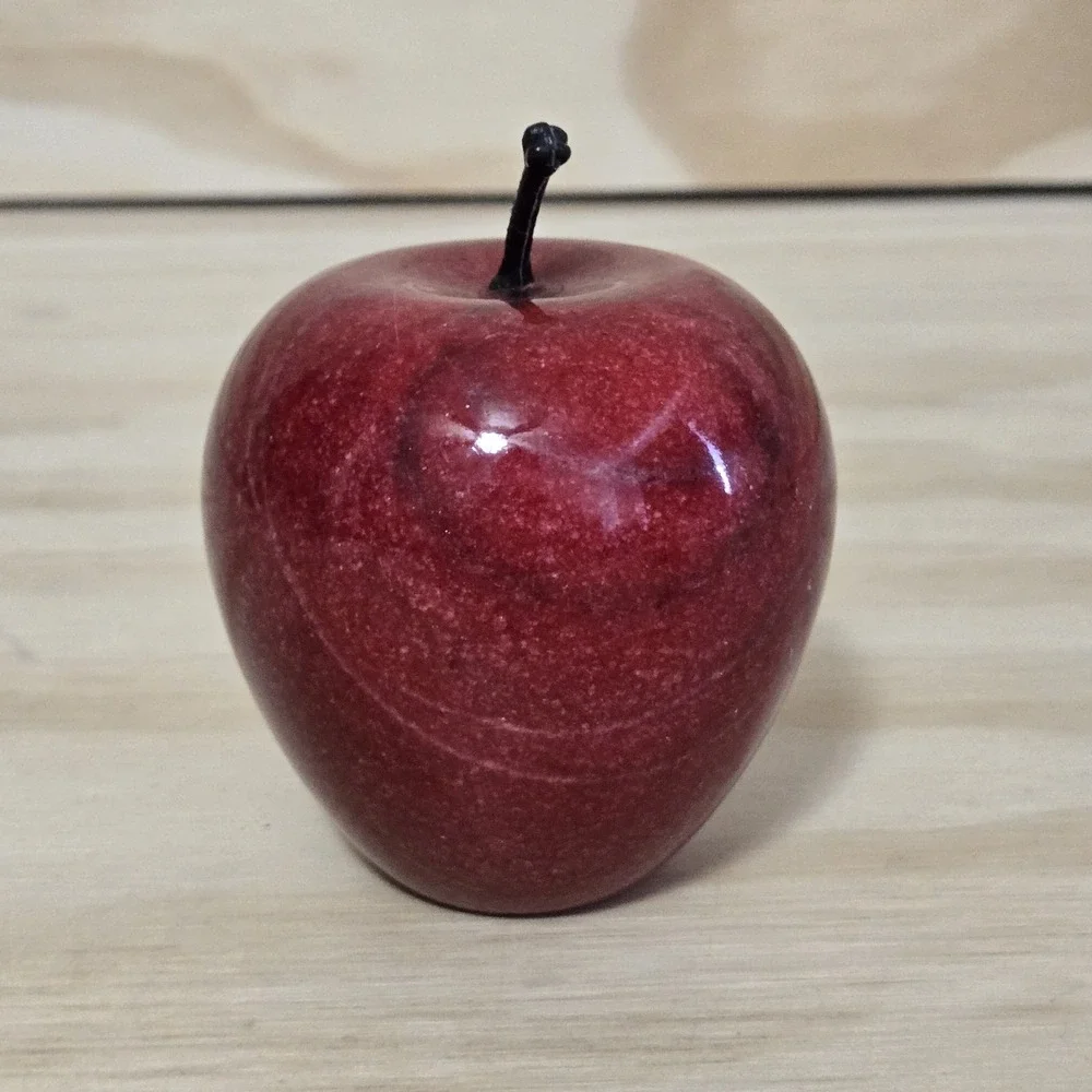 Carved Red Marble Stone Apple Paperweight Figurine Polished Fruit Decor 3.75